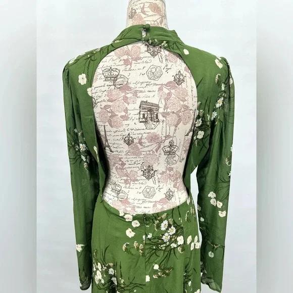 REFORMATION Lomita Green floral long sleeve open back PERSIS mini dress size 10. - Picture 5 of 16